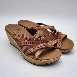 Skechers Women's Beverlee Tiger Posse Sandal Size 7 Strappy Wedge Slide Brown‎